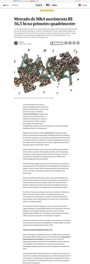 Mercado de M&A movimenta R$ 56,5 bi no primeiro quadrimestre  Este trecho  parte de contedo que pode ser compartilhado utilizando o link https://valor.globo.com/patrocinado/dino/noticia/2025/06/02/mercado-de-ma-movimenta-r-565-bi-no-primeiro-quadrimestr